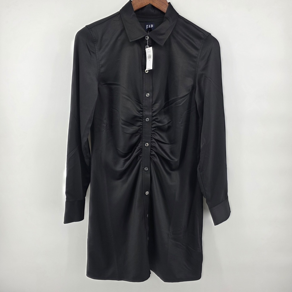 GAP Black Ruched Front Shirt Dress Button Down Long Sleeve Women S‎